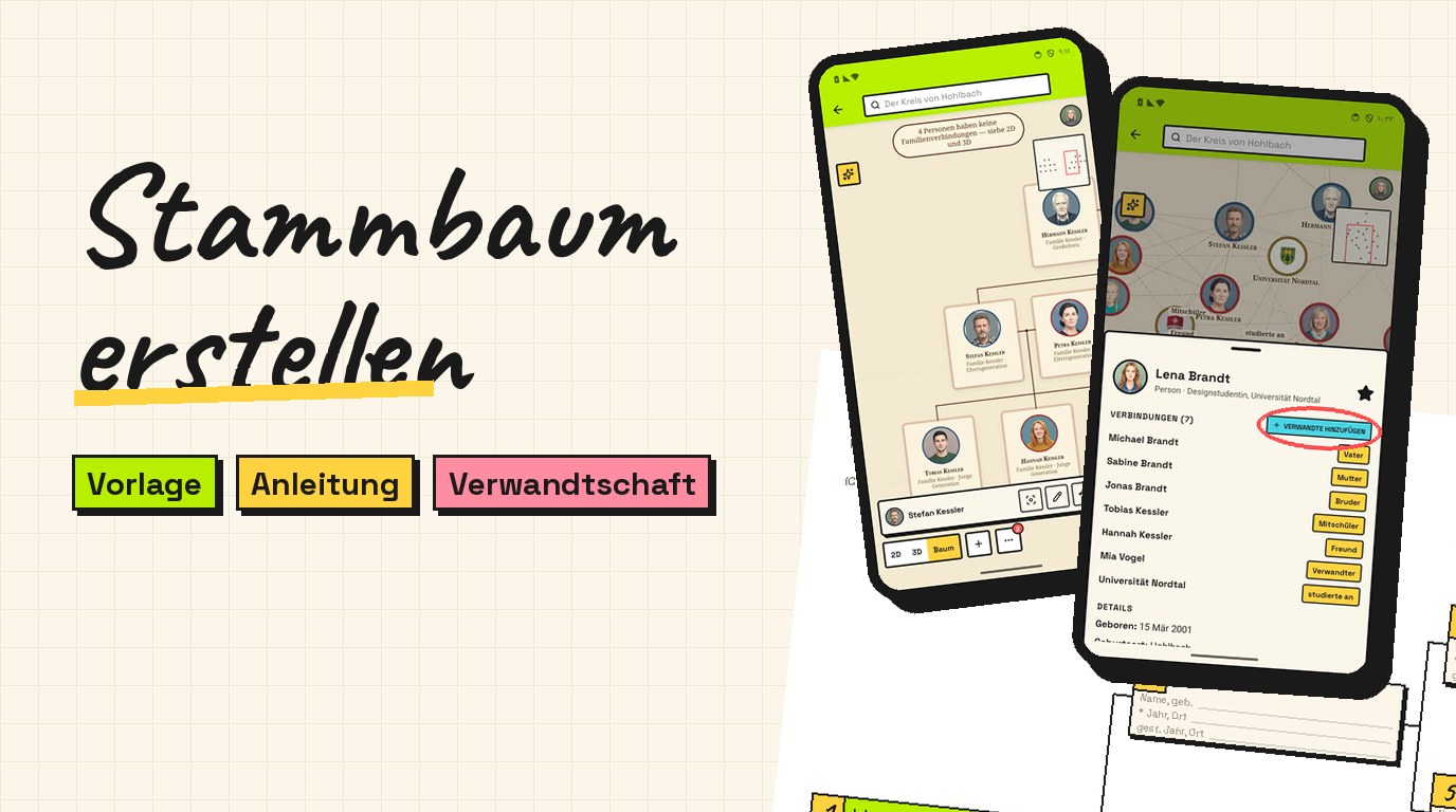 Zwei Handys mit der SeeWider-App, eines mit der Baumansicht einer Familie, eines mit einer Personenkarte und eingekreistem Knopf „Verwandte hinzufügen“, vor einer Ahnentafel-Vorlage zum Ausfüllen.